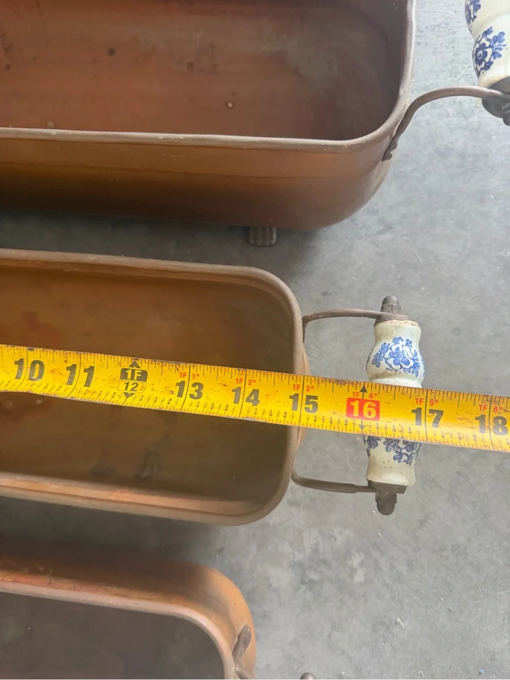 Vintage Copper Jardiniere Planters Set of 3 💙 Porcelain Handles Paw Feet